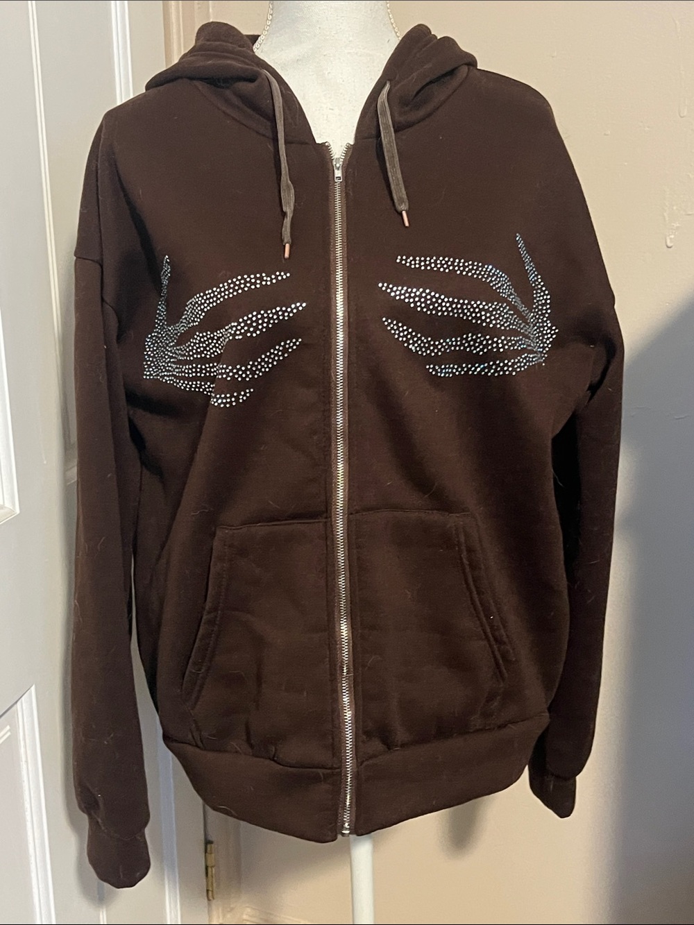 Brown Rhinestone-Embellished Zip Hoodie